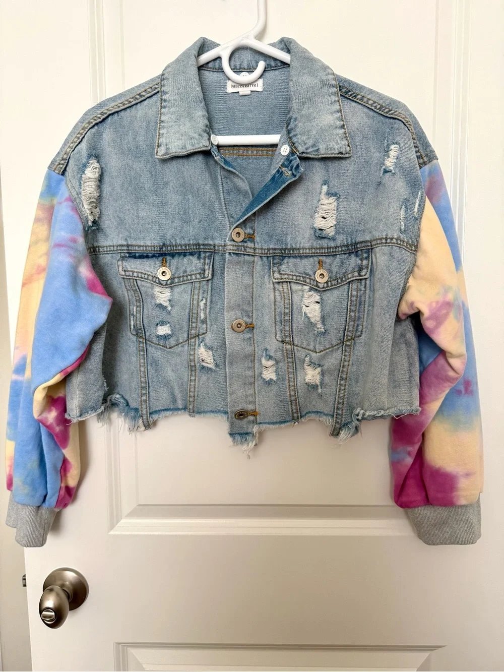 Distressed Tie Dye Light Wash Cropped Denim Jacket S/M